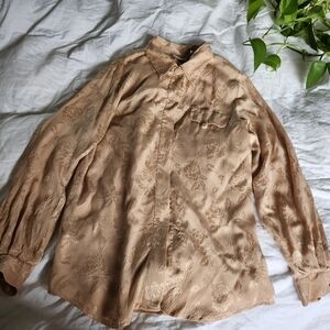 Women's 100 % Silk Tan Floral-Texture Long Sleeve Shirt